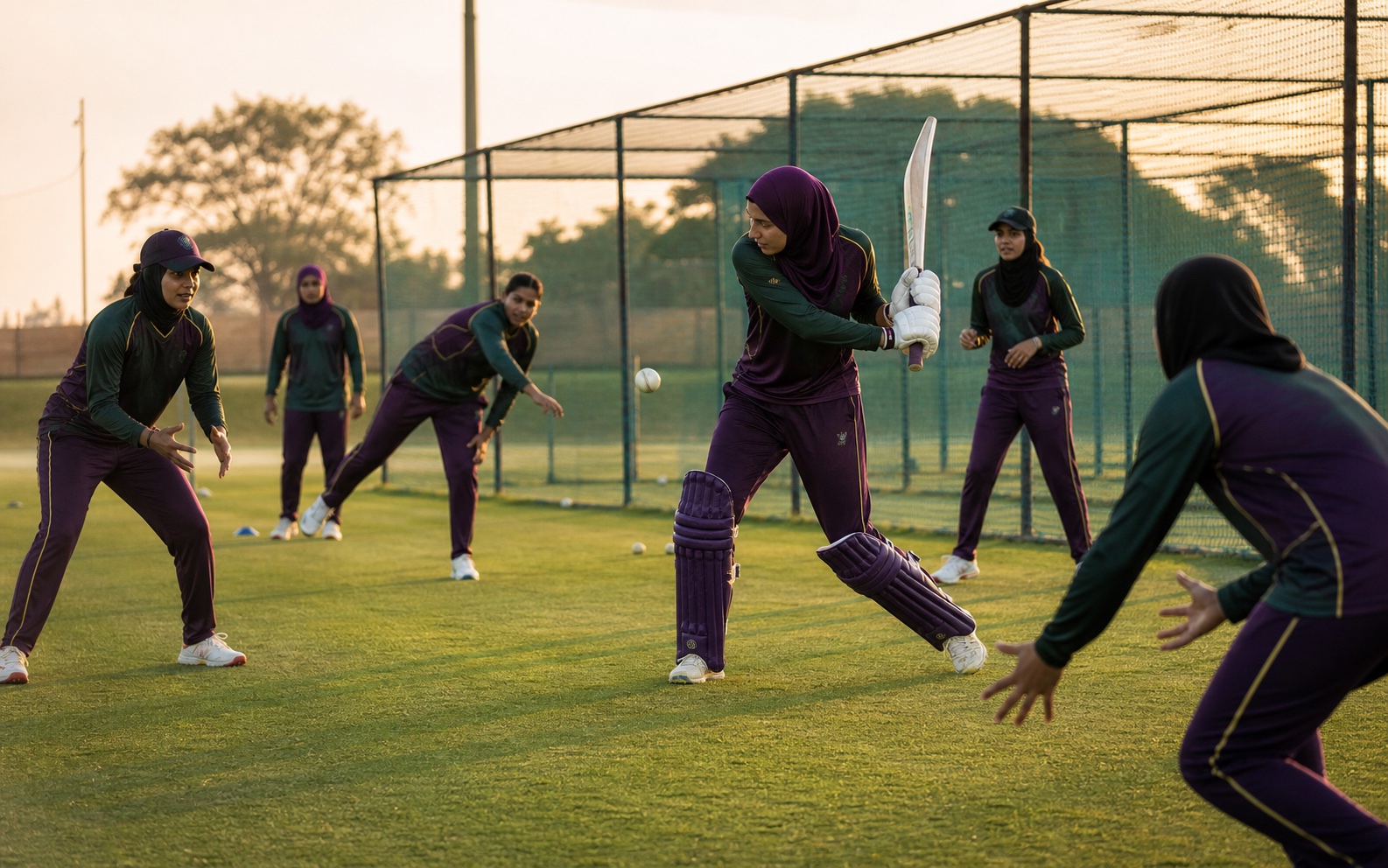 A women's cricket training squad wearing coordinated modest performance uniforms